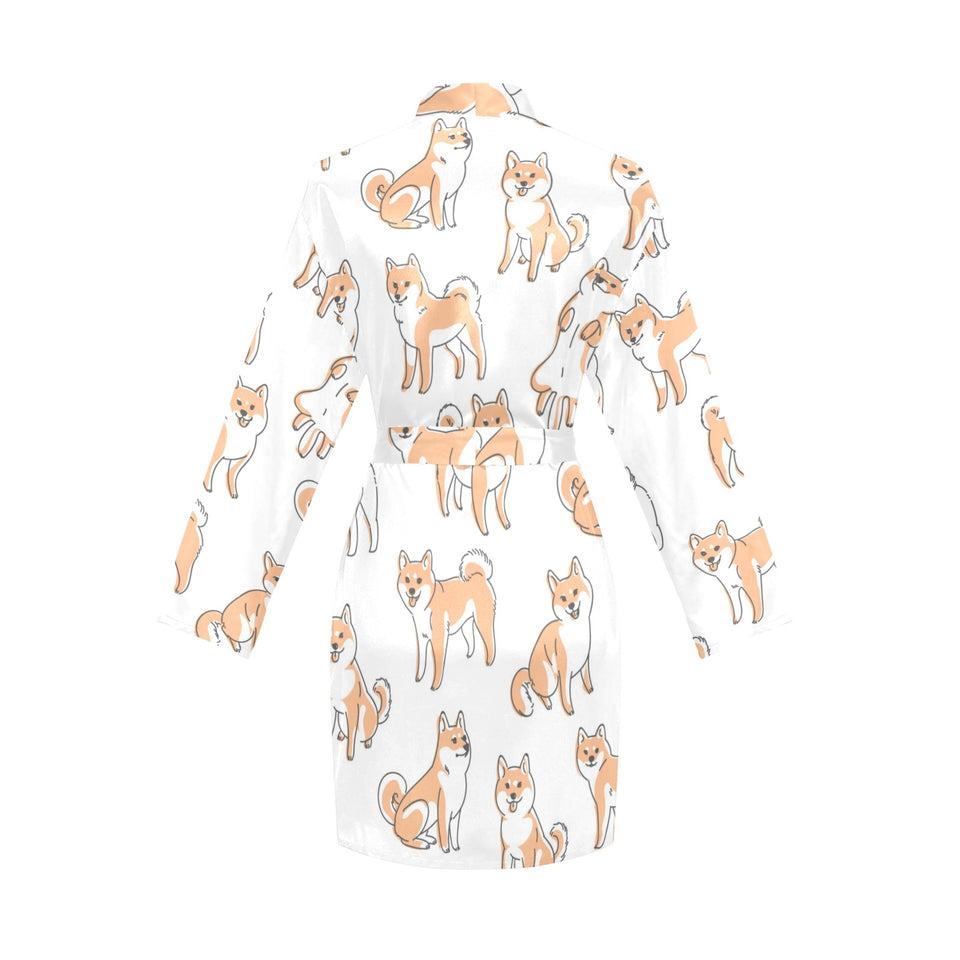 shiba inu dog pattern Women's Long Sleeve Belted Night Robe