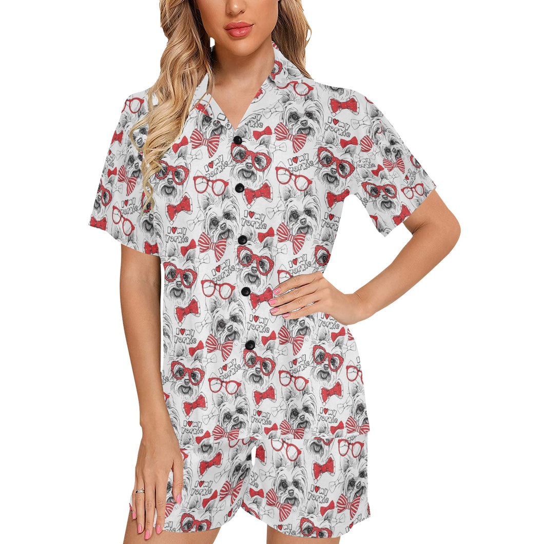 Yorkshire Terrier Pattern Print Design 04 Women's V-Neck Short Pajama Set
