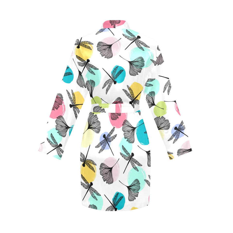 Dragonflies ginkgo leaves pattern Women's Long Sleeve Belted Night Robe