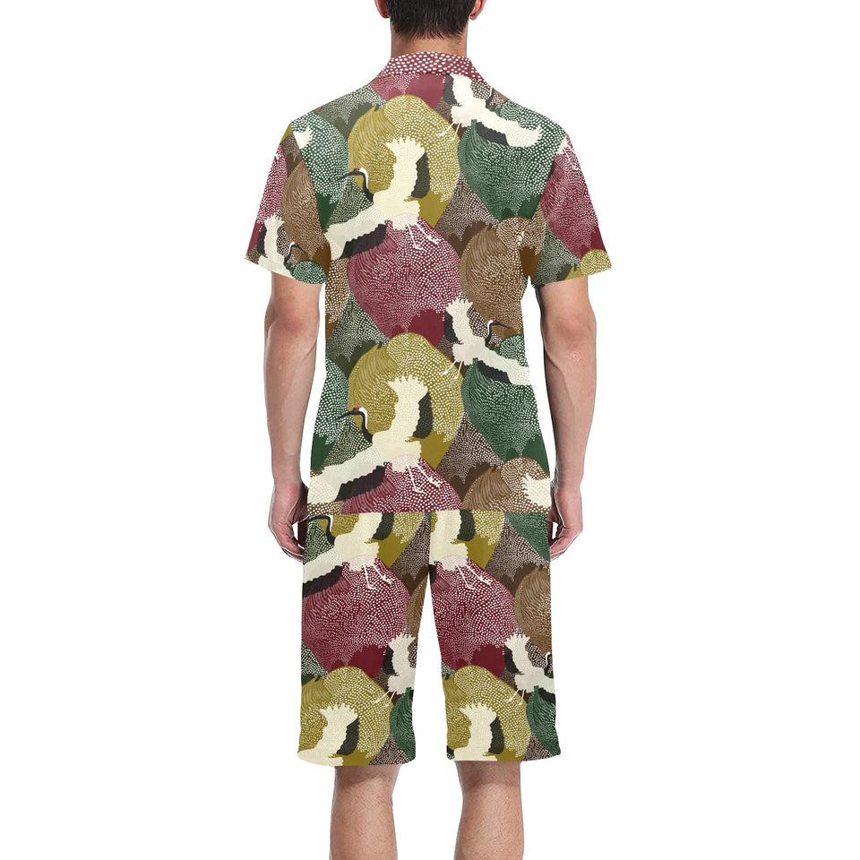 Japanese cranes flying forest dot pattern Men's V-Neck Short Pajama Set