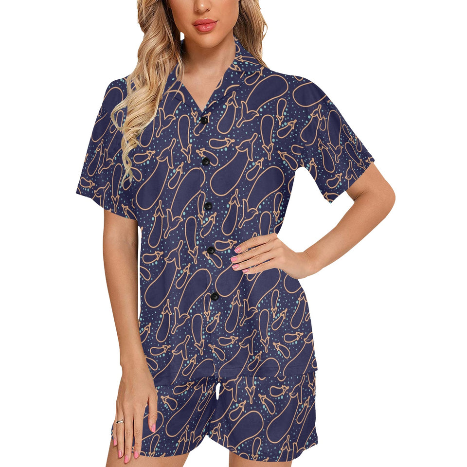 Eggplant Pattern Print Design 04 Women's V-Neck Short Pajama Set
