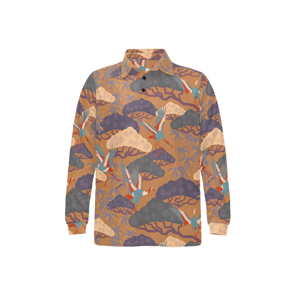 Bonsai bamboo stork japanese pattern brown theme Men's Long Sleeve Polo Shirt