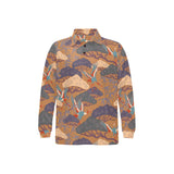 Bonsai bamboo stork japanese pattern brown theme Men's Long Sleeve Polo Shirt