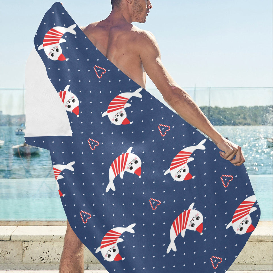 Cute sea lion seal christmas hat candy cane heart Beach Towel