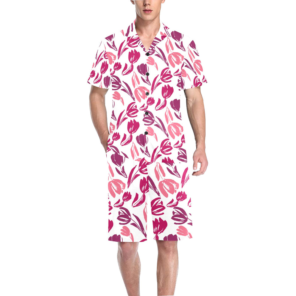 pink sketch tulip pattern Men's V-Neck Short Pajama Set