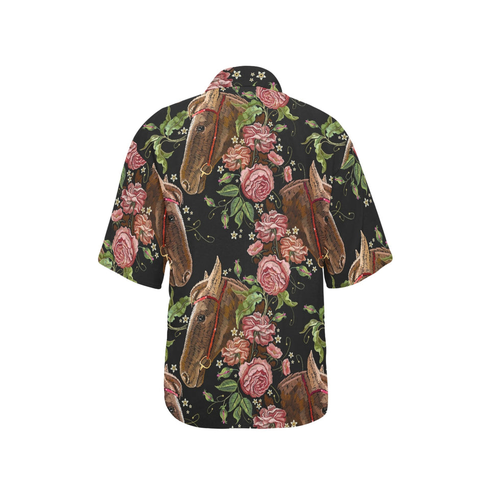 Horse head wild roses pattern Women's All Over Print Hawaiian Shirt