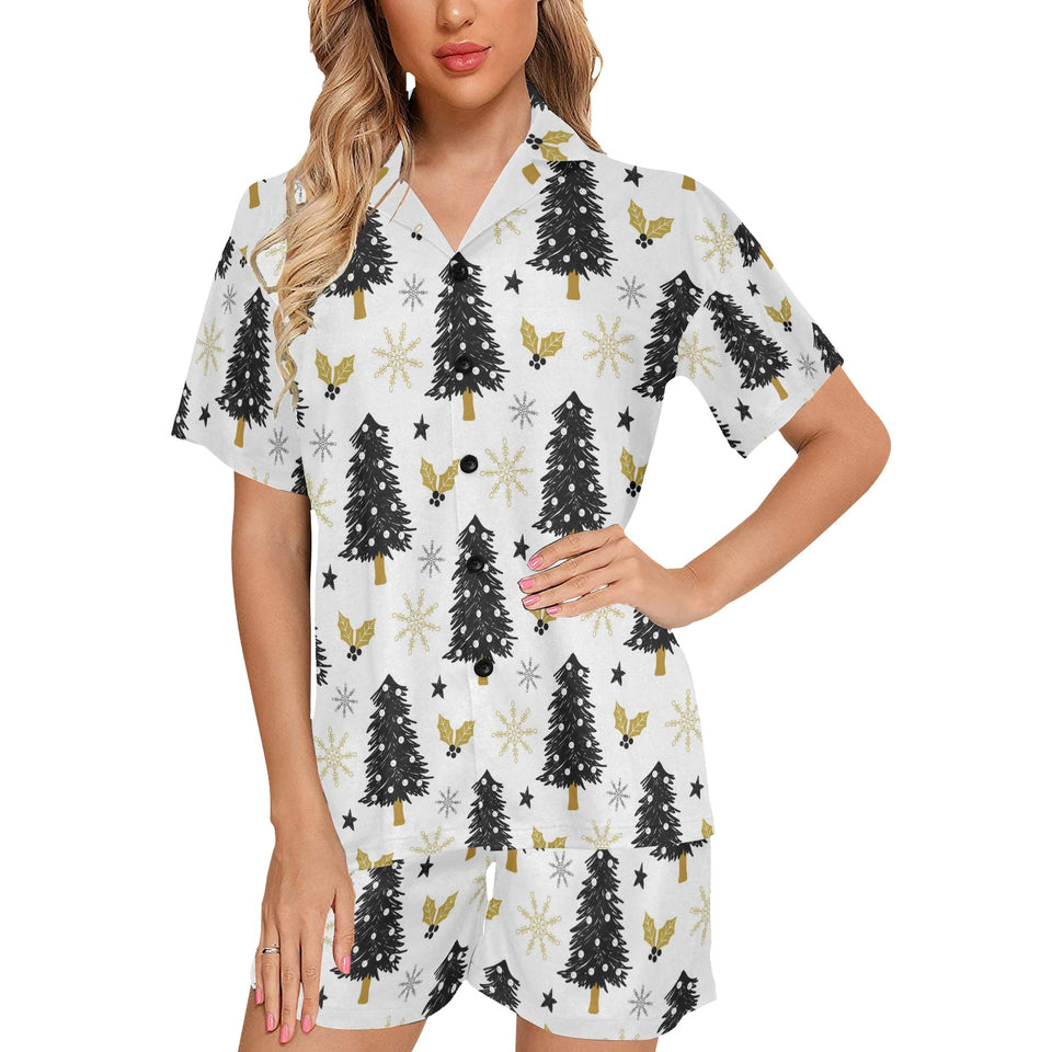 Christmas tree holly snow star pattern Women's V-Neck Short Pajama Set