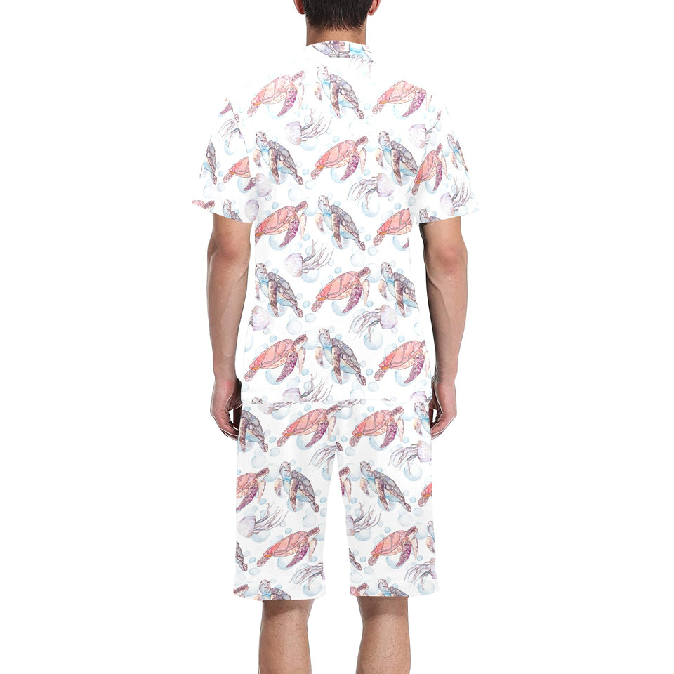 Watercolor sea turtle jellyfish pattern Men's V-Neck Short Pajama Set