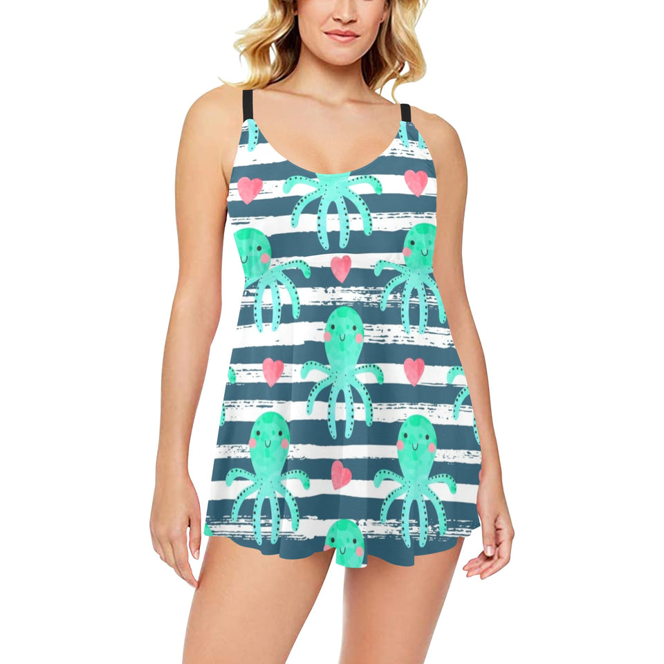 Cute octopuses heart striped background Chest Sexy Pleated Two Piece Swim Dress