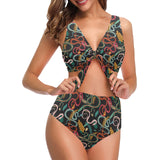 Colorful snake plant pattern Chest Bowknot High Waisted Bikini Swimsuit