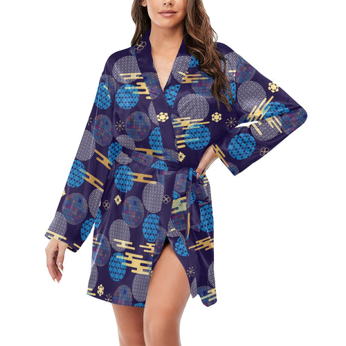 Blue japanese pattern cloud wave flower Women's Long Sleeve Belted Night Robe