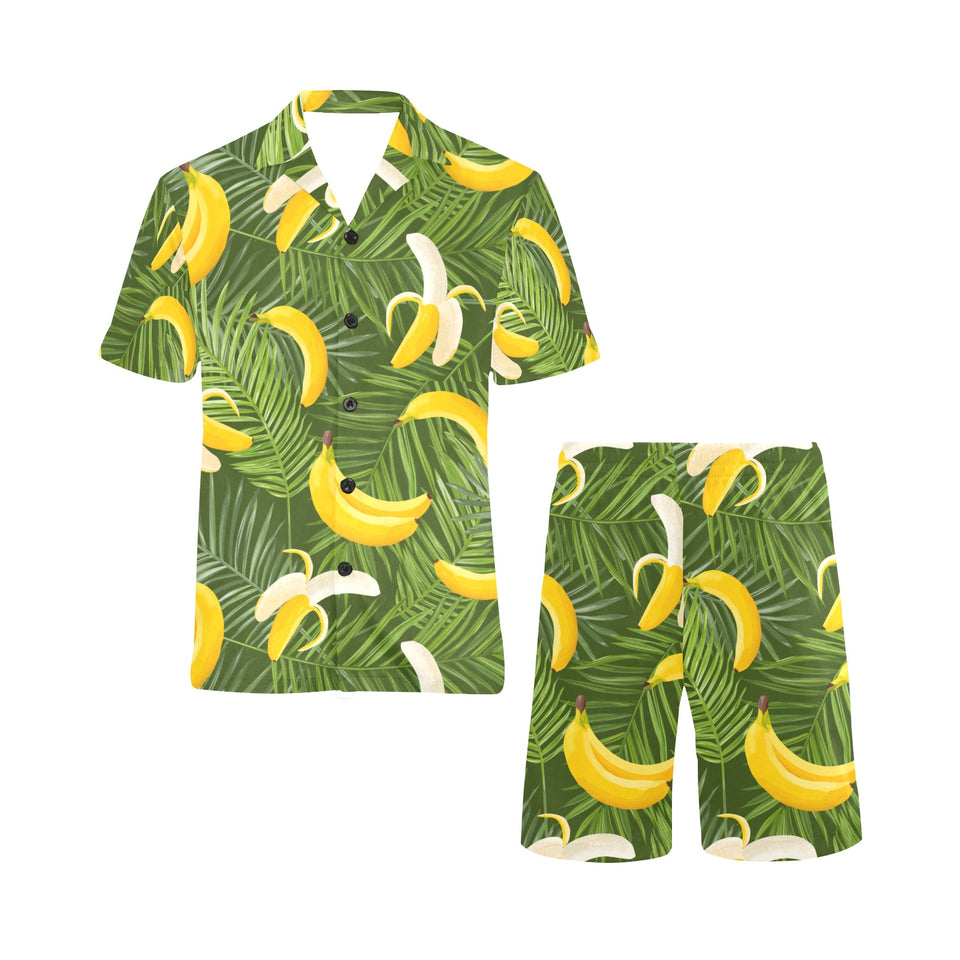 Banana Palm Leaves pattern Men's V-Neck Short Pajama Set