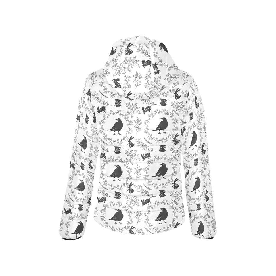 Crows floral wreath rabbit pattern Women's Padded Hooded Jacket
