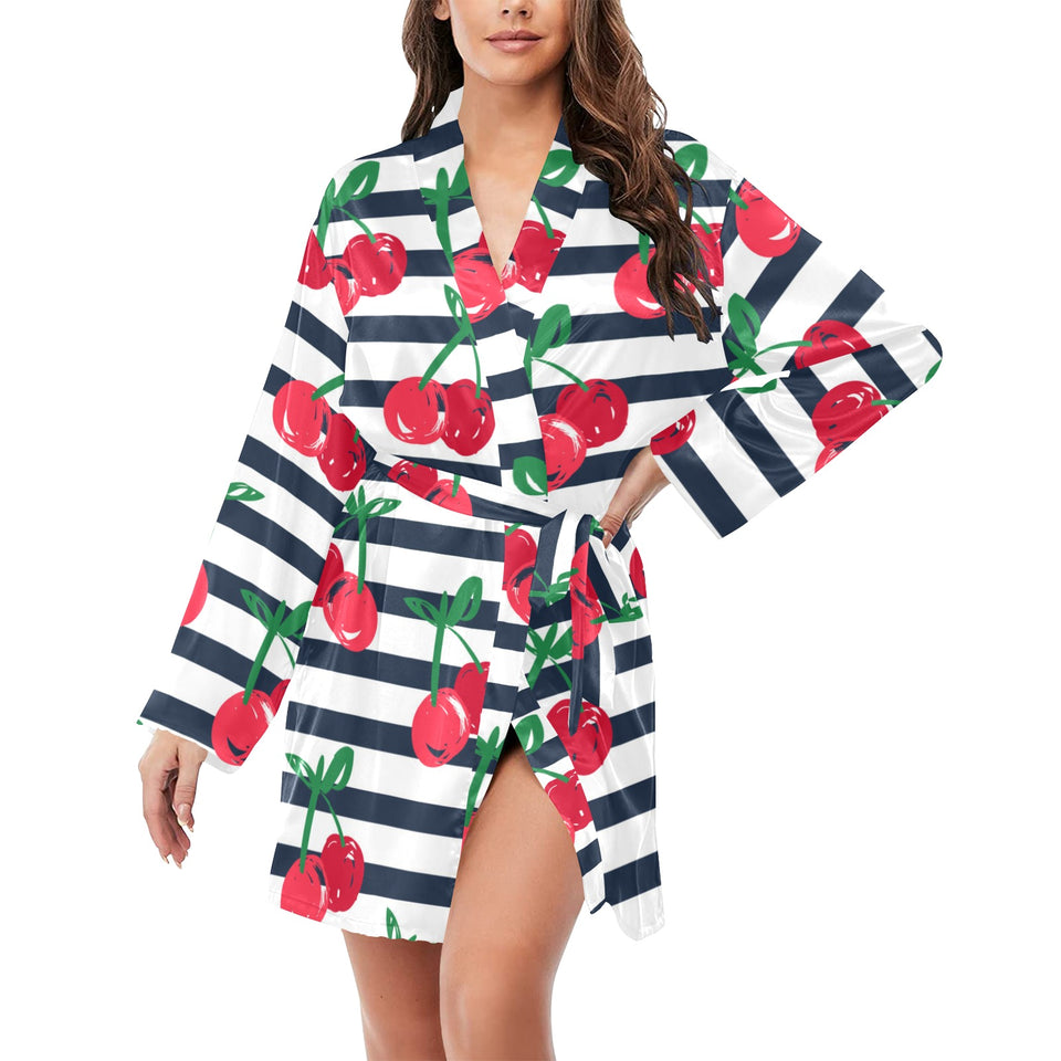 Hand drawn cherry pattern striped background Women's Long Sleeve Belted Night Robe