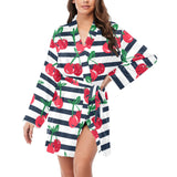 Hand drawn cherry pattern striped background Women's Long Sleeve Belted Night Robe