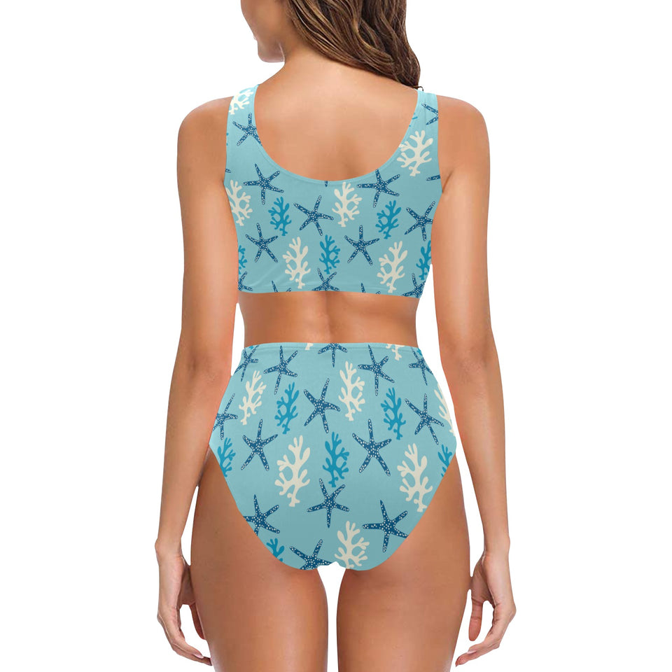 Blue starfish coral reef pattern Chest Bowknot High Waisted Bikini Swimsuit
