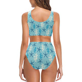 Blue starfish coral reef pattern Chest Bowknot High Waisted Bikini Swimsuit