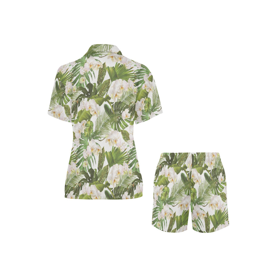 White orchid flower tropical leaves pattern Women's V-Neck Short Pajama Set