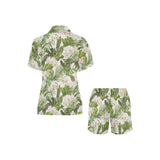 White orchid flower tropical leaves pattern Women's V-Neck Short Pajama Set