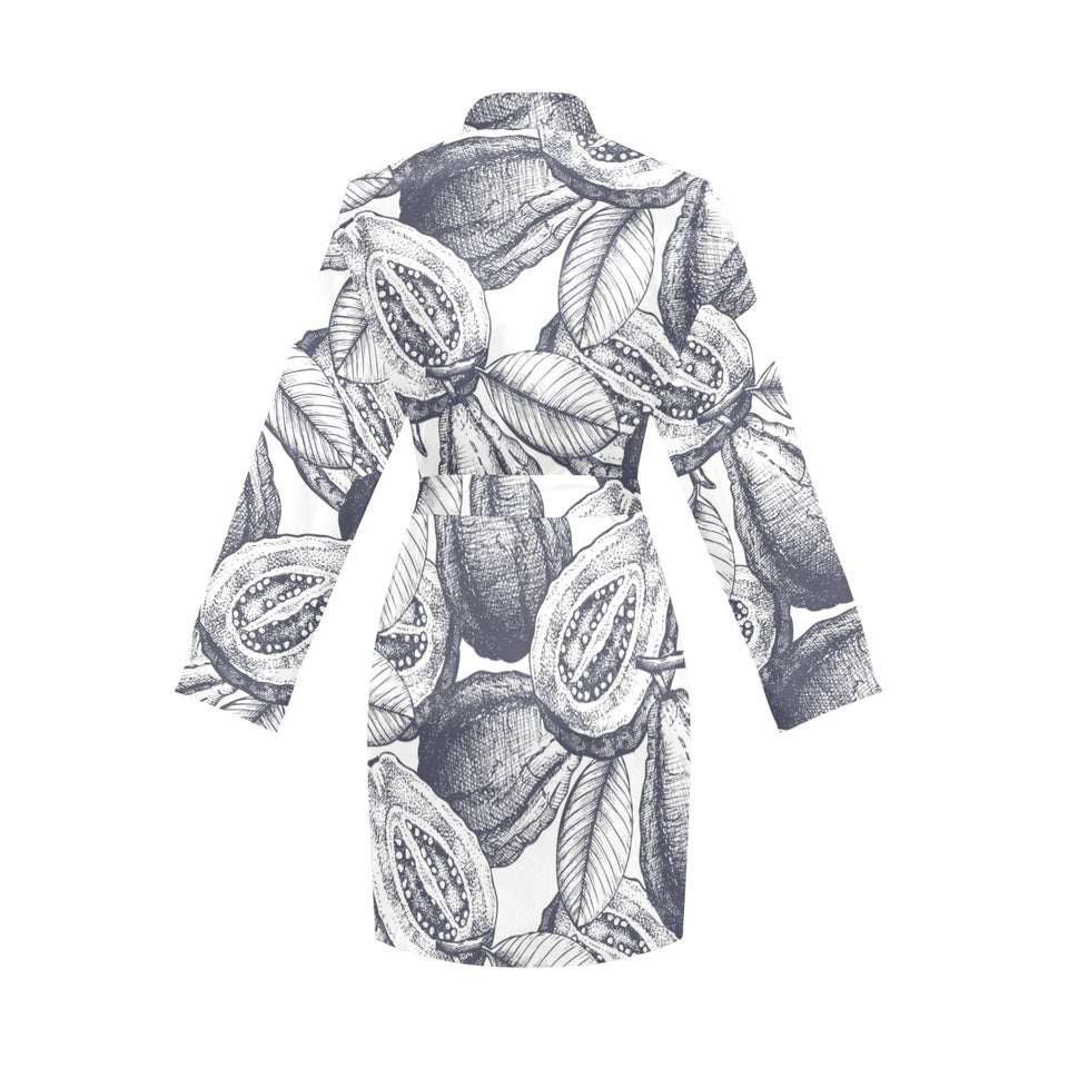 Guava tropical hand drawn pattern Women's Long Sleeve Belted Night Robe