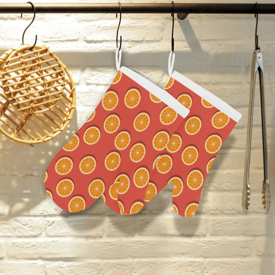 Oranges pattern red background Heat Resistant Oven Mitts