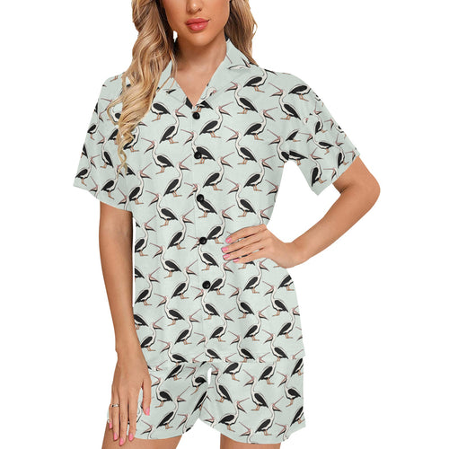 Pelican Pattern Print Design 02 Women's V-Neck Short Pajama Set