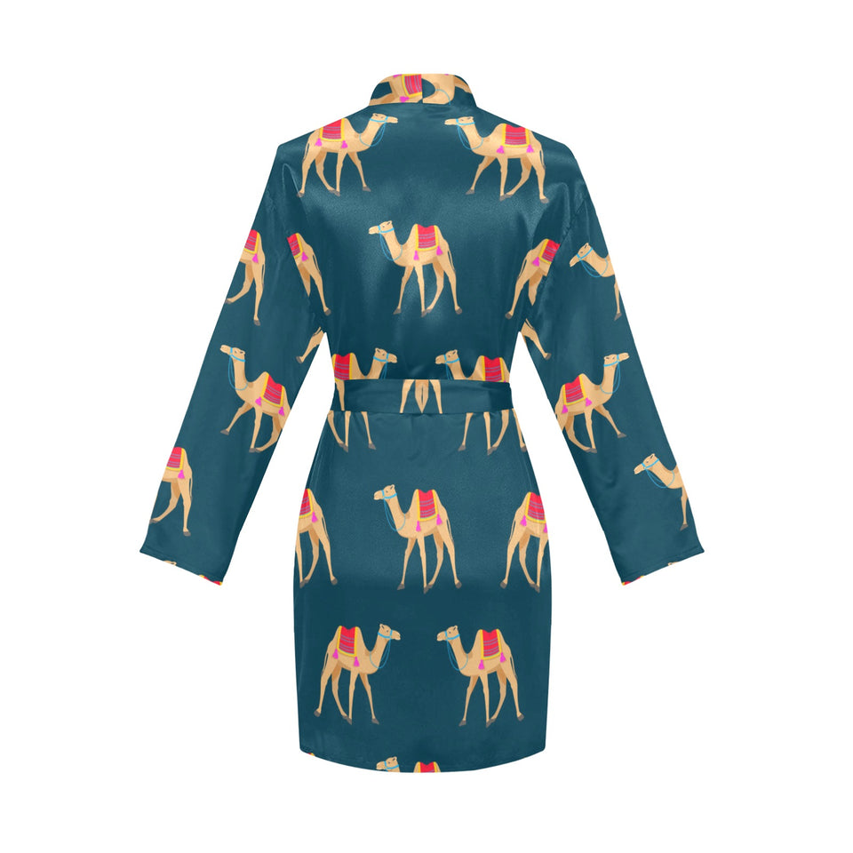 Camel pattern blue blackground Women's Long Sleeve Belted Night Robe