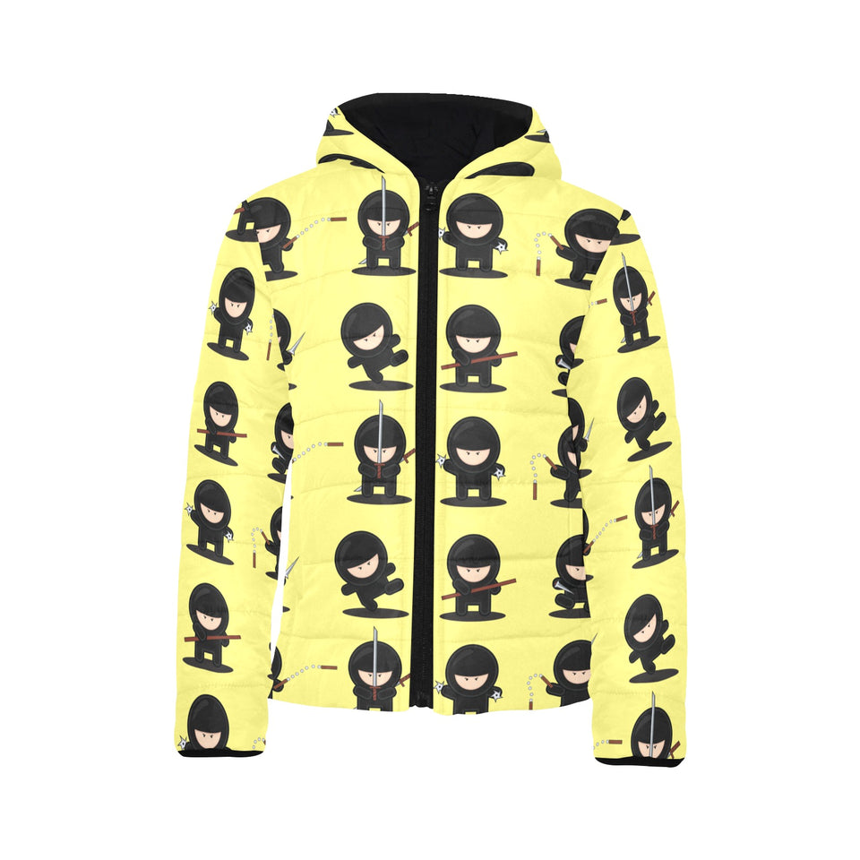 Cute ninja yellow background Kids' Boys' Girls' Padded Hooded Jacket