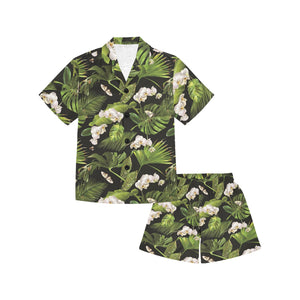 White orchid flower tropical leaves pattern blackg Kids' Boys' Girls' V-Neck Short Pajama Set