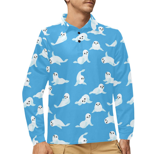 Cute sea lion seal pattern background Men's Long Sleeve Polo Shirt