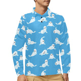 Cute sea lion seal pattern background Men's Long Sleeve Polo Shirt