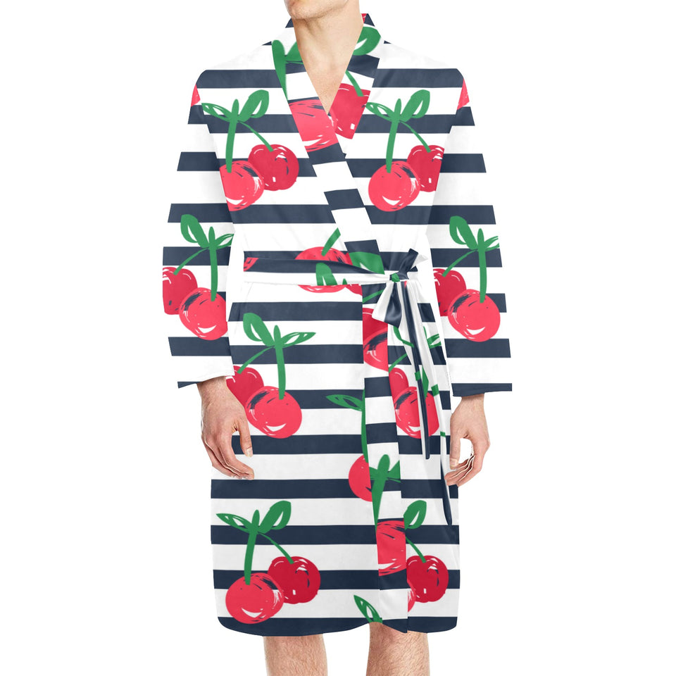 Hand drawn cherry pattern striped background Men's Long Sleeve Belted Night Robe