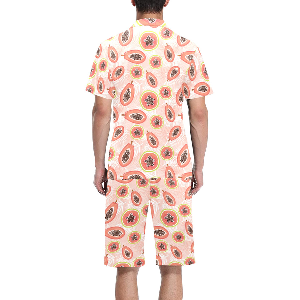 papaya leaves pattern Men's V-Neck Short Pajama Set