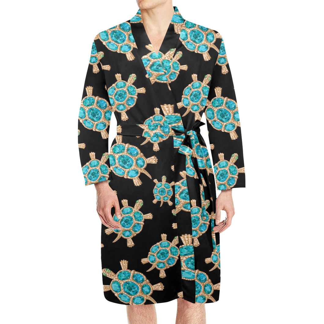 Sea turtle blue stone pattern Men's Long Sleeve Belted Night Robe