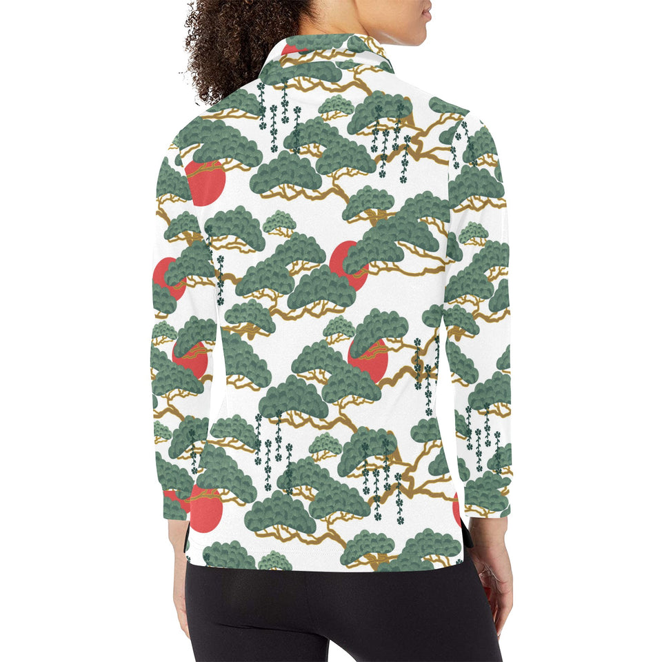 Bonsai red sun japanese pattern Women's Long Sleeve Polo Shirt