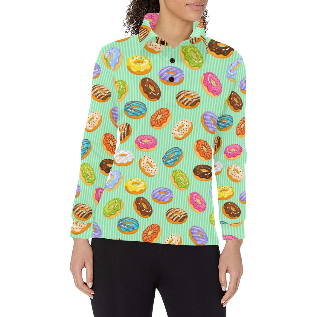 Colorful donut pattern green background Women's Long Sleeve Polo Shirt