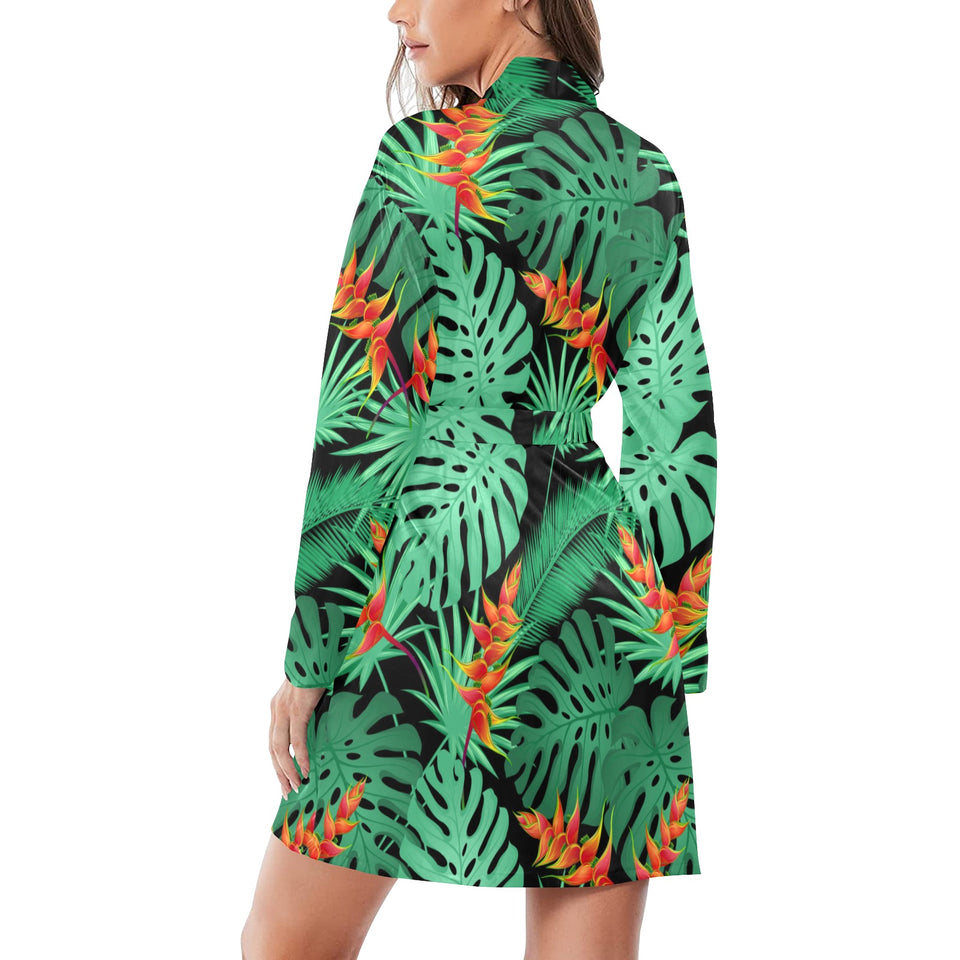 heliconia flower palm monstera leaves black backgr Women's Long Sleeve Belted Night Robe