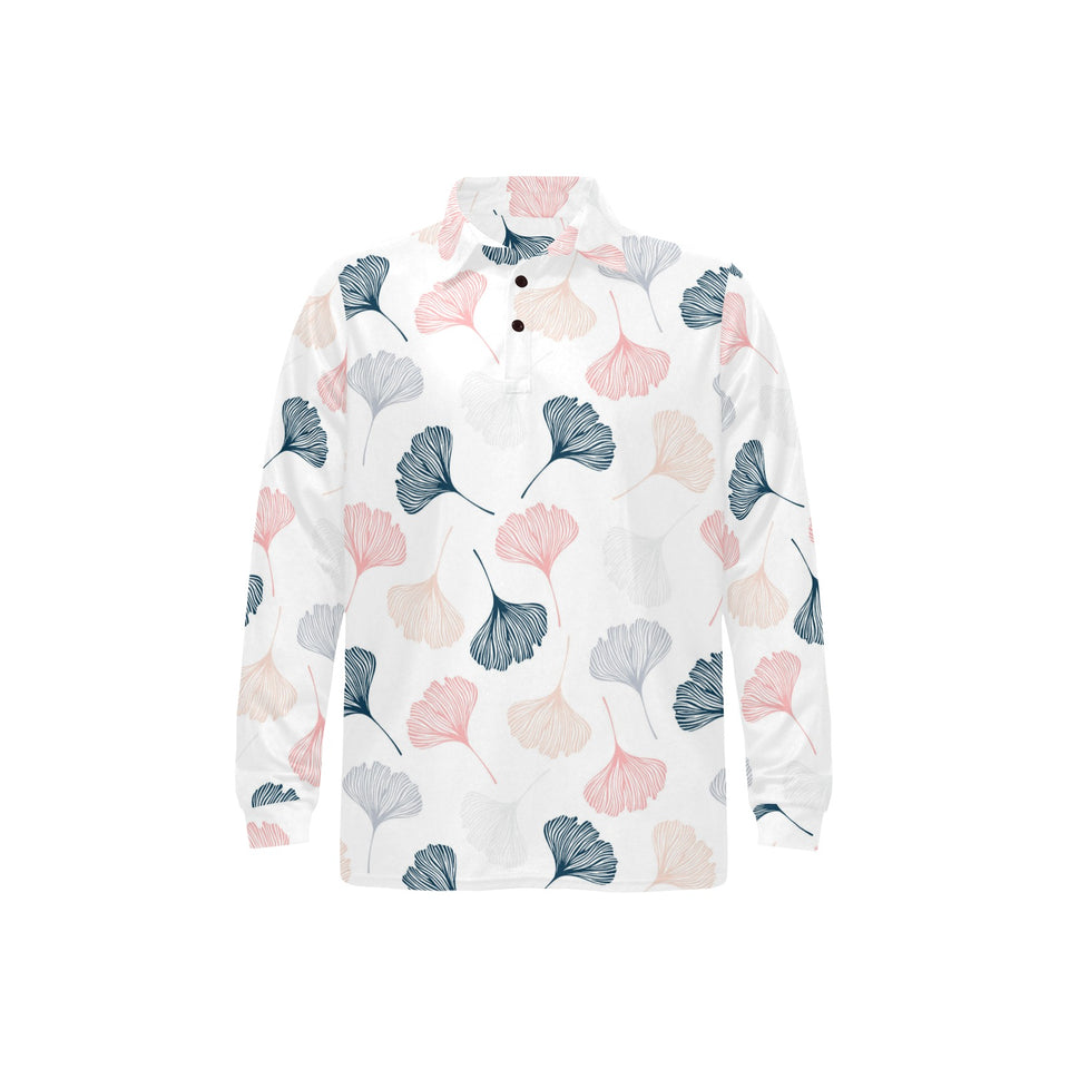 Black Gray Cream coral ginkgo leaves pattern Men's Long Sleeve Polo Shirt