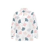 Black Gray Cream coral ginkgo leaves pattern Men's Long Sleeve Polo Shirt