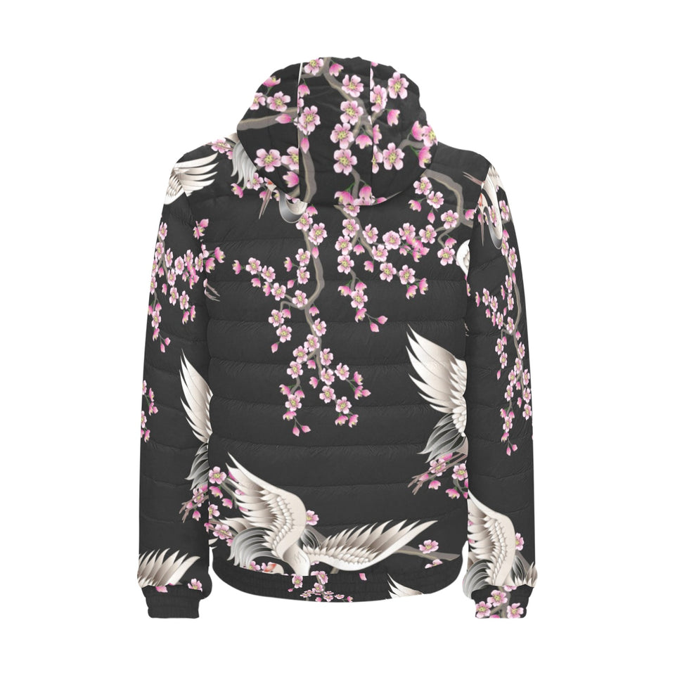 Japanese crane pink sakura pattern Men's Padded Hooded Jacket