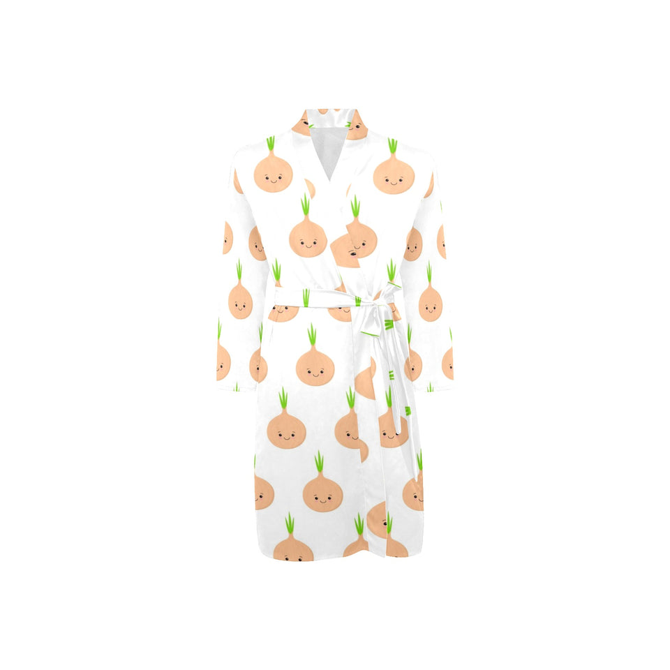 cute onions smiling faces Men's Long Sleeve Belted Night Robe