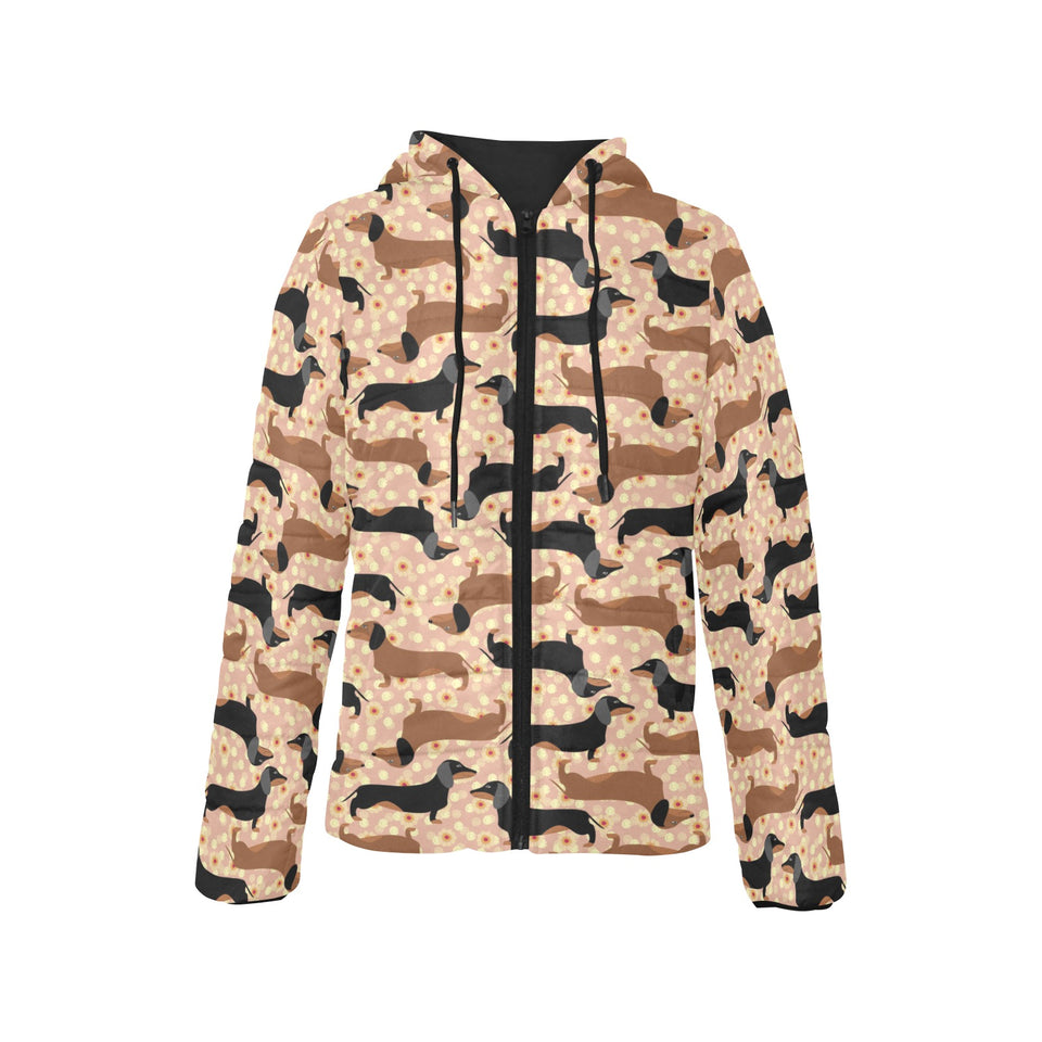Dachshund floral background Women's Padded Hooded Jacket