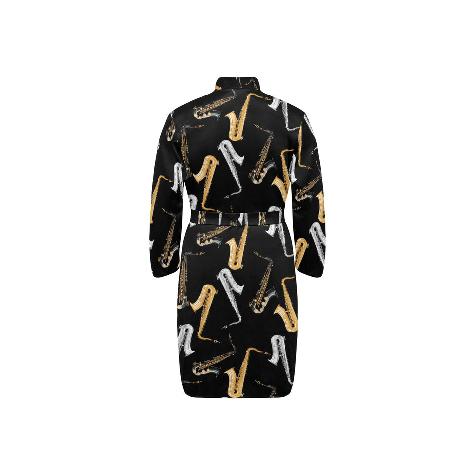 saxophone design pattern Men's Long Sleeve Belted Night Robe