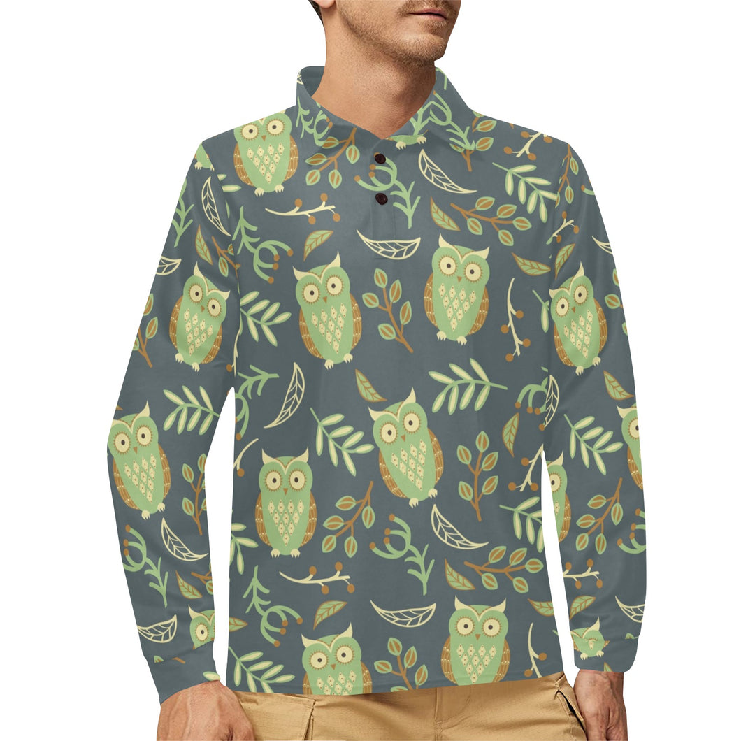 Cute owls leaves pattern Men's Long Sleeve Polo Shirt