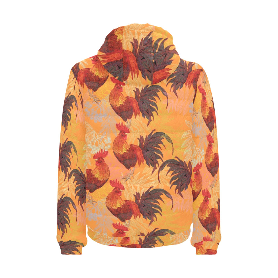 red rooster chicken cock pattern Men's Padded Hooded Jacket