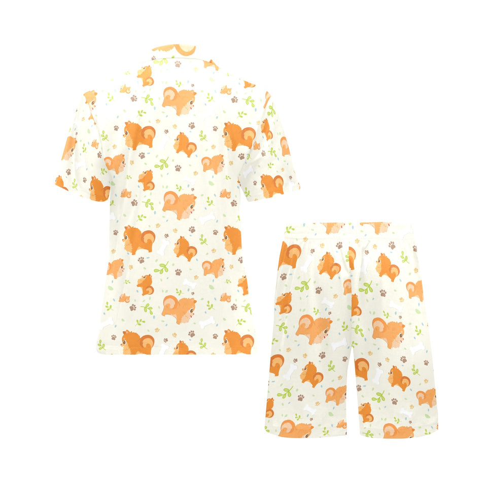 Cute brown pomeranian paw leave bone pattern Men's V-Neck Short Pajama Set