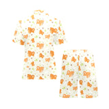 Cute brown pomeranian paw leave bone pattern Men's V-Neck Short Pajama Set