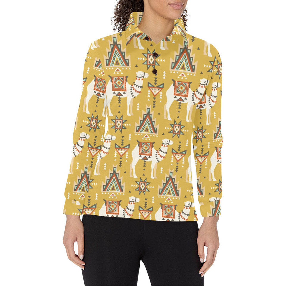 Camels ethnic motif pattern Women's Long Sleeve Polo Shirt