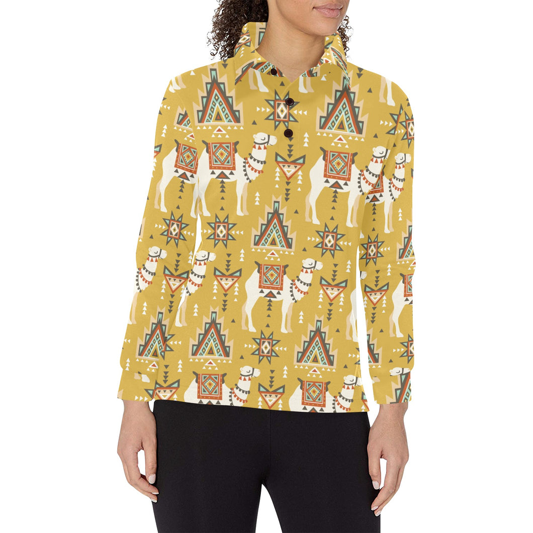 Camels ethnic motif pattern Women's Long Sleeve Polo Shirt
