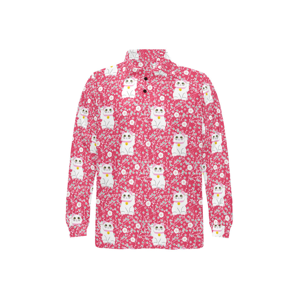 Maneki neko cat sakura pink background Men's Long Sleeve Polo Shirt